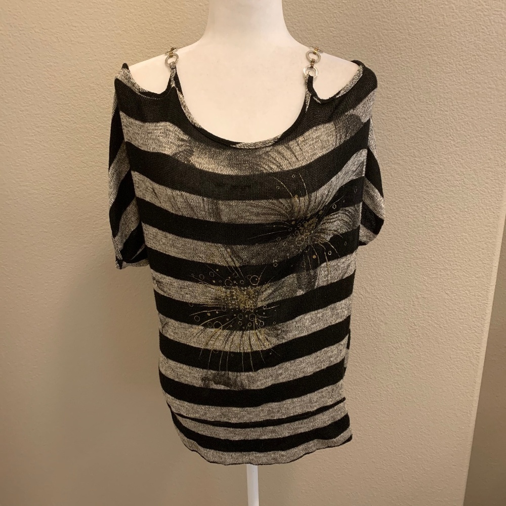 January 7 Cold Shoulder Stripes Knit Top w/ Chains